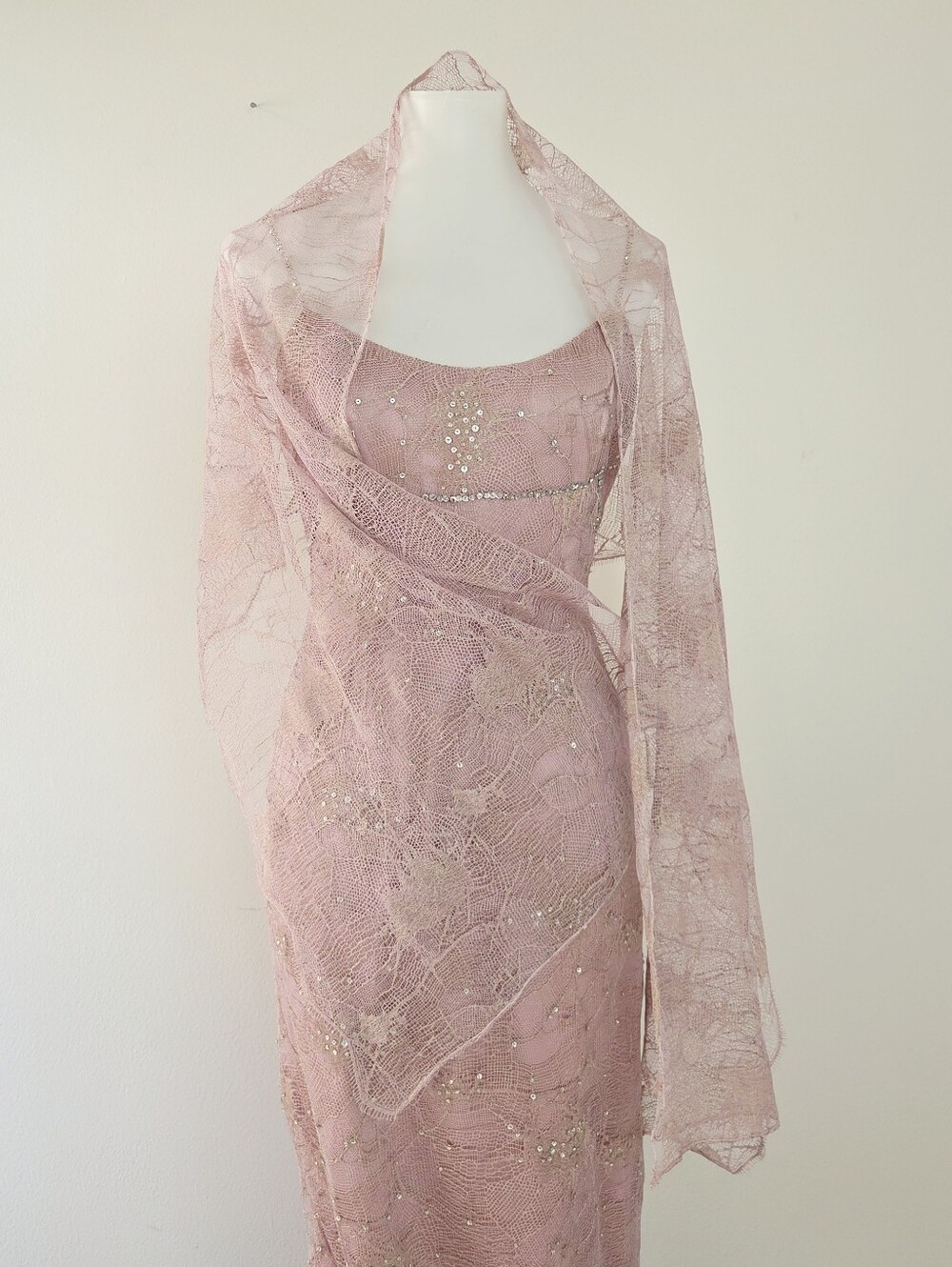 Vintage Victoria Royal Spiderweb Lace Sequin Dress With Scarf Dusty Pink Size 8 - Picture 4 of 8